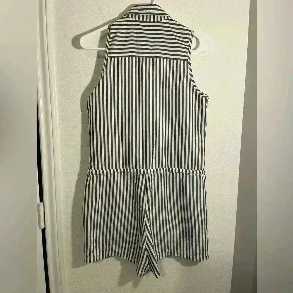 Zara Woman Collared Sleeveless Blue White Striped Tie Waist Pocketed Romper Sz S